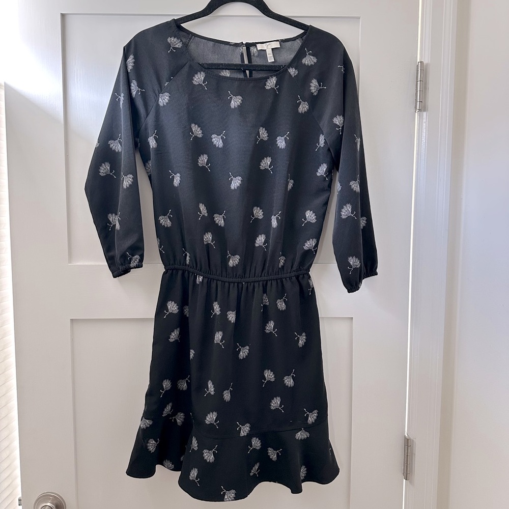 Joie Arryn B in Caviar Black Feather Fan Print Blouson Dress XXS